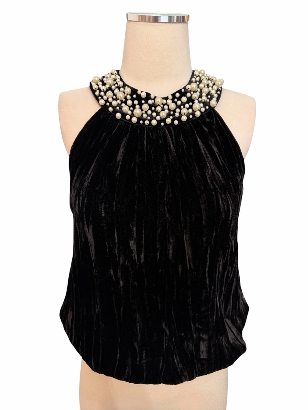 NWT ($64) Sunny Leigh Pearl-Embellished Black Crushed Velvet Halter Top Sz S